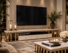 Arviso tv bord - Hvit steinplate & Gull rustfritt stål understell thumbnail