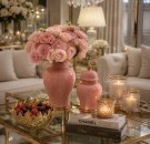 Glamour Urne/Vase- Rosa & gull -H 37 cm thumbnail