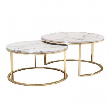 Oslo sofabord -2 stk Ø 80 og 70 cm - Hvit marmor & gull understell