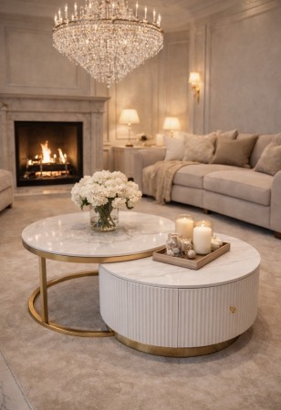 El Salvador sofabord m skuff -  2 stk Ø 80 og 70 cm - Hvit stein & Gull rustfritt stål