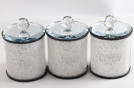 Crystalline oppevaringskrukke sett til te, sukker og kaffe med krystaller-Sølv m sort kant - 3 stk- Ø10, H14 cm