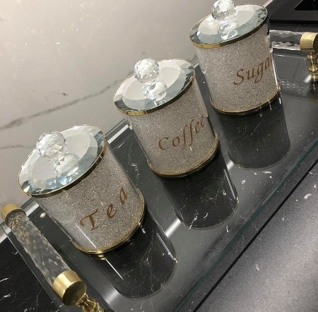 Crystalline oppevaringskrukke sett til te, sukker og kaffe med Swarovski krystaller-Gull-3 stk-Ø10, H14 cm