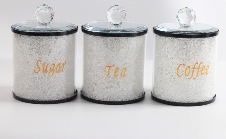 Crystalline oppevaringskrukke sett til te, sukker og kaffe med krystaller-Sort kant m gull skrift- 3 stk- Ø10, H14 cm