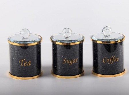 Crystalline oppevaringskrukke sett til te, sukker og kaffe med krystaller-Sort & gull -3 stk- Ø10, H14 cm