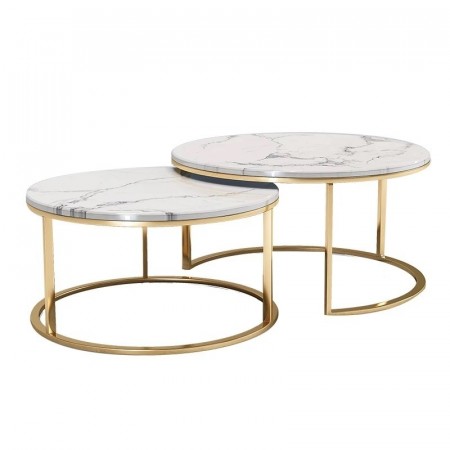 Oslo sofabord -2 stk Ø 80 og 70 cm - Hvit marmor & gull understell